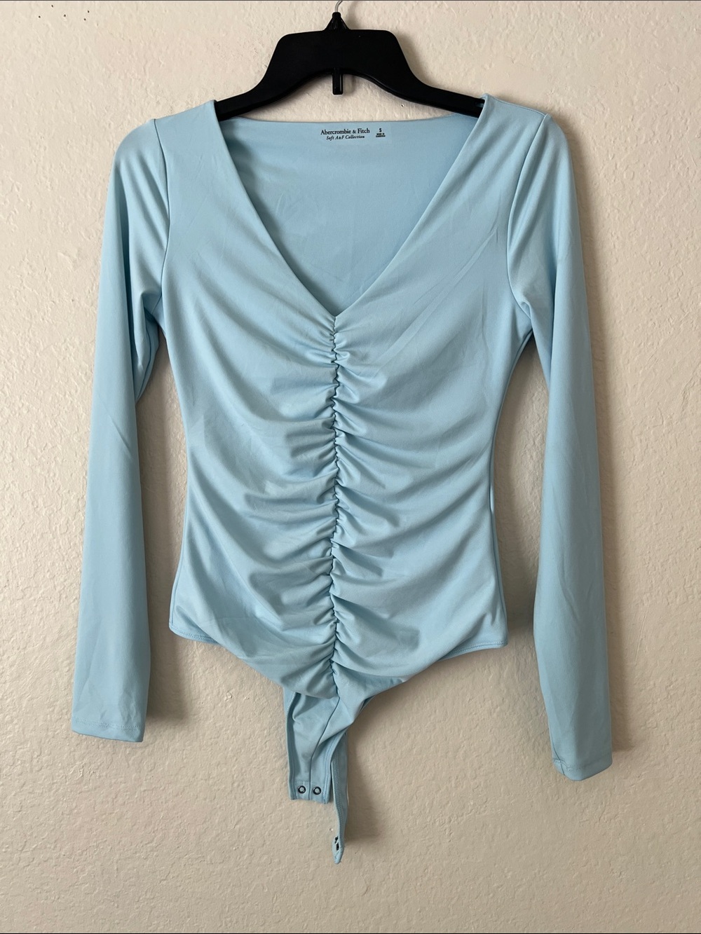 Abercrombie & Fitch Powder Blue Ruched V-Neck Long-Sleeve Bodysuit S